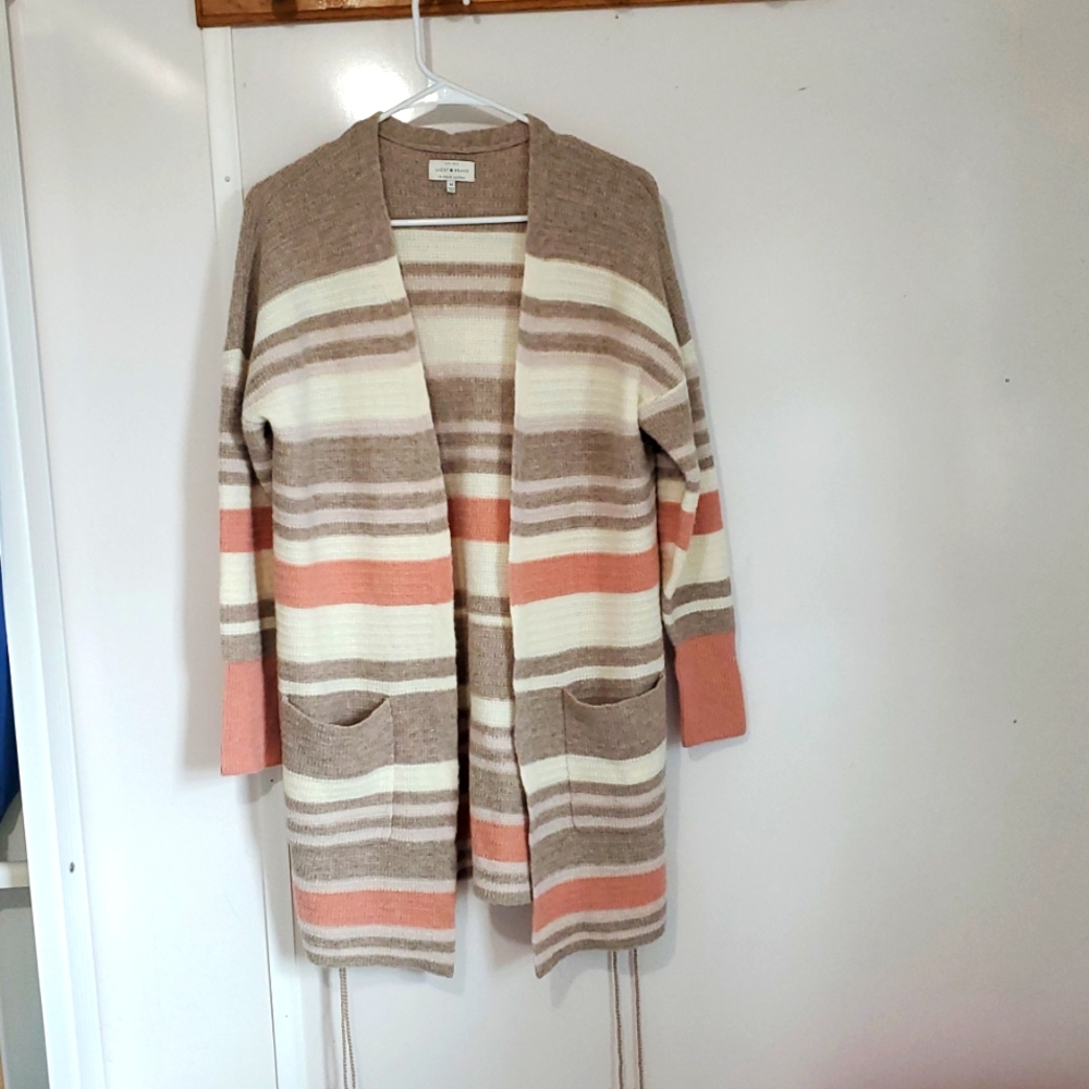 Lucky Brand open front sweater Pink And Tan Full Length Cardigan W/Tassels